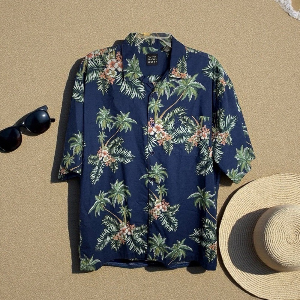 Cotton Traders Mens XL Hawaiian Shrt Navy Blue Palm Floral Short Sleeve Pocket